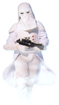 Snowtrooper walkingout of a fog bank and towards the camera