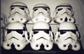 6 Studio Creations original Stormtrooper helmets.  The top 3 helmets are the 1995 prototype helmets, the rest are circa 1997.