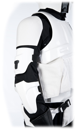 Tall photograph showing the shoulder, bicep and elbow armor on the biker scout costume