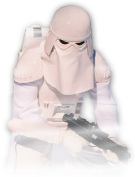 Image of a snowtrooper emerging from a white blizzard storm, ready to deal a painful end to anyone that opposes the Empire.